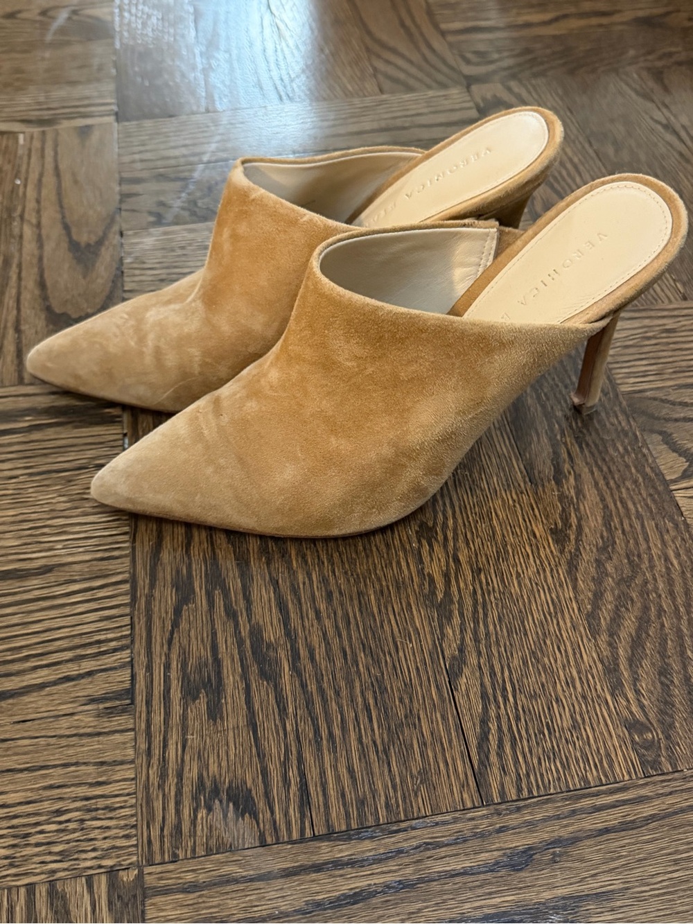 Veronica Beard Pointed Suede Mule Heels in Tan